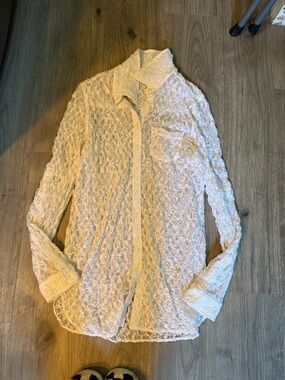 Moda International White Lace Long Sleeve Button-Up Blouse